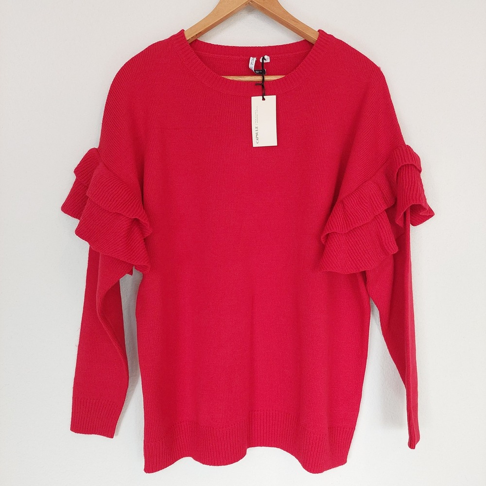 Capsule‎ Red Ruffle Sleeve Crewneck Sweater Womens Small 8-12 NWT